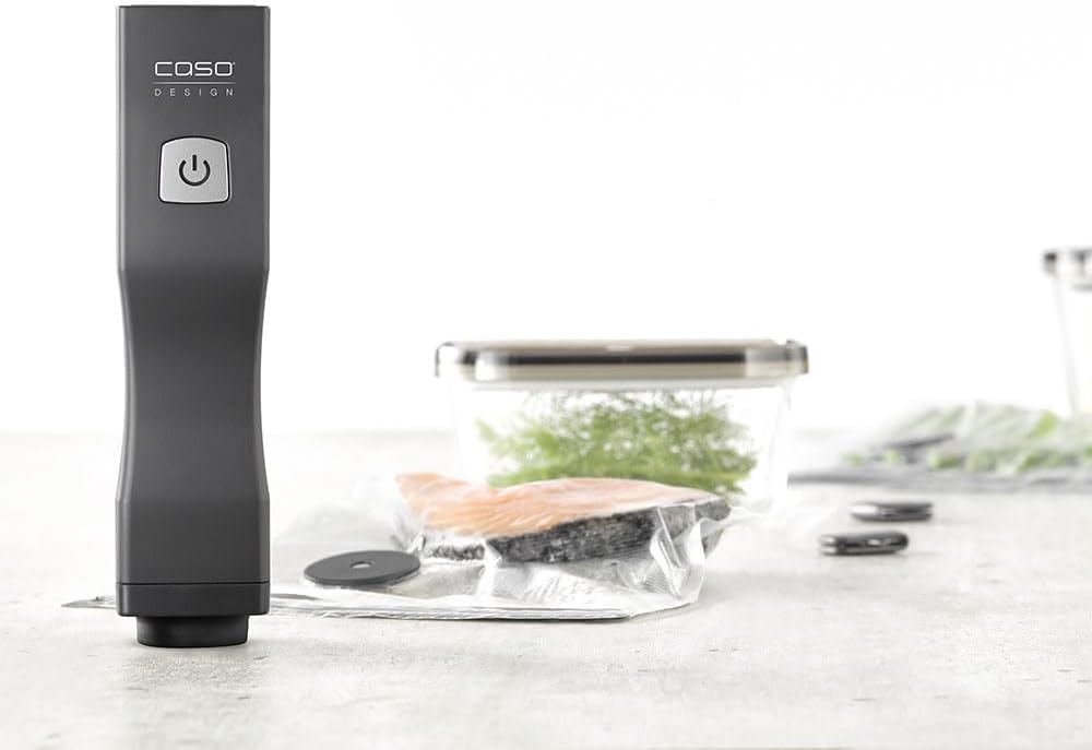 CASO Vacu OneTouch Eco Kit Handheld Vacuum Sealer with 3 Glass Vacuum Containers, 10 Zip Bags and Food Manager Stickers, Wireless, Up to 150 Minutes Runtime, Rechargeable - kindersbr