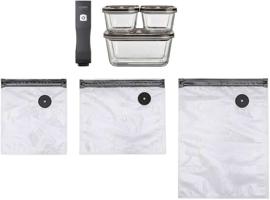 CASO Vacu OneTouch Eco Kit Handheld Vacuum Sealer with 3 Glass Vacuum Containers, 10 Zip Bags and Food Manager Stickers, Wireless, Up to 150 Minutes Runtime, Rechargeable - kindersbr