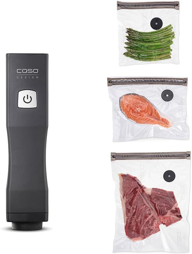 CASO Vacu OneTouch Eco Kit Handheld Vacuum Sealer with 3 Glass Vacuum Containers, 10 Zip Bags and Food Manager Stickers, Wireless, Up to 150 Minutes Runtime, Rechargeable - kindersbr