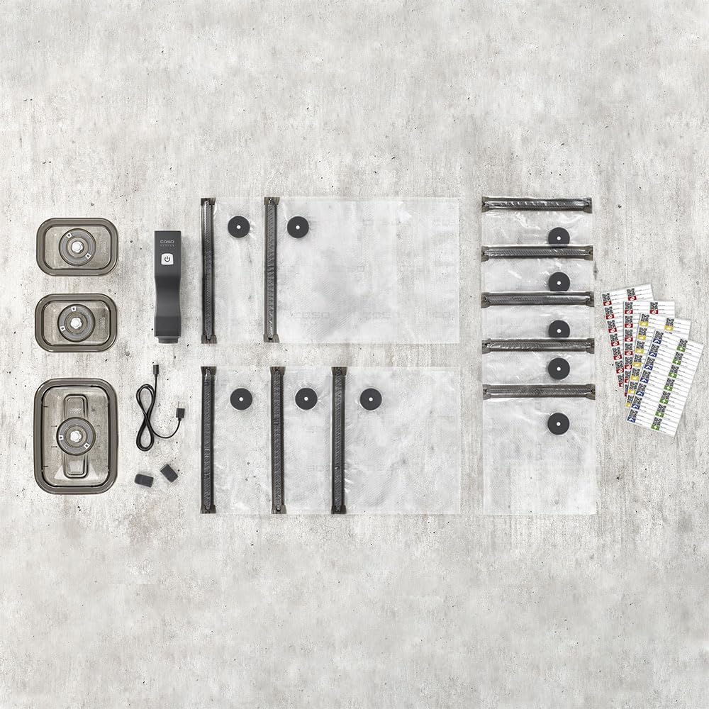 CASO Vacu OneTouch Eco Kit Handheld Vacuum Sealer with 3 Glass Vacuum Containers, 10 Zip Bags and Food Manager Stickers, Wireless, Up to 150 Minutes Runtime, Rechargeable - kindersbr