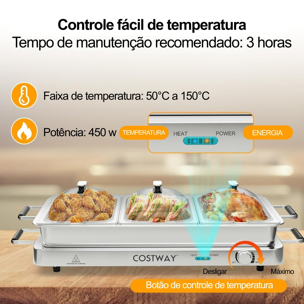 Costway® - Rechaud Elétrico Inox 3 em 1 com Tampa de Vidro