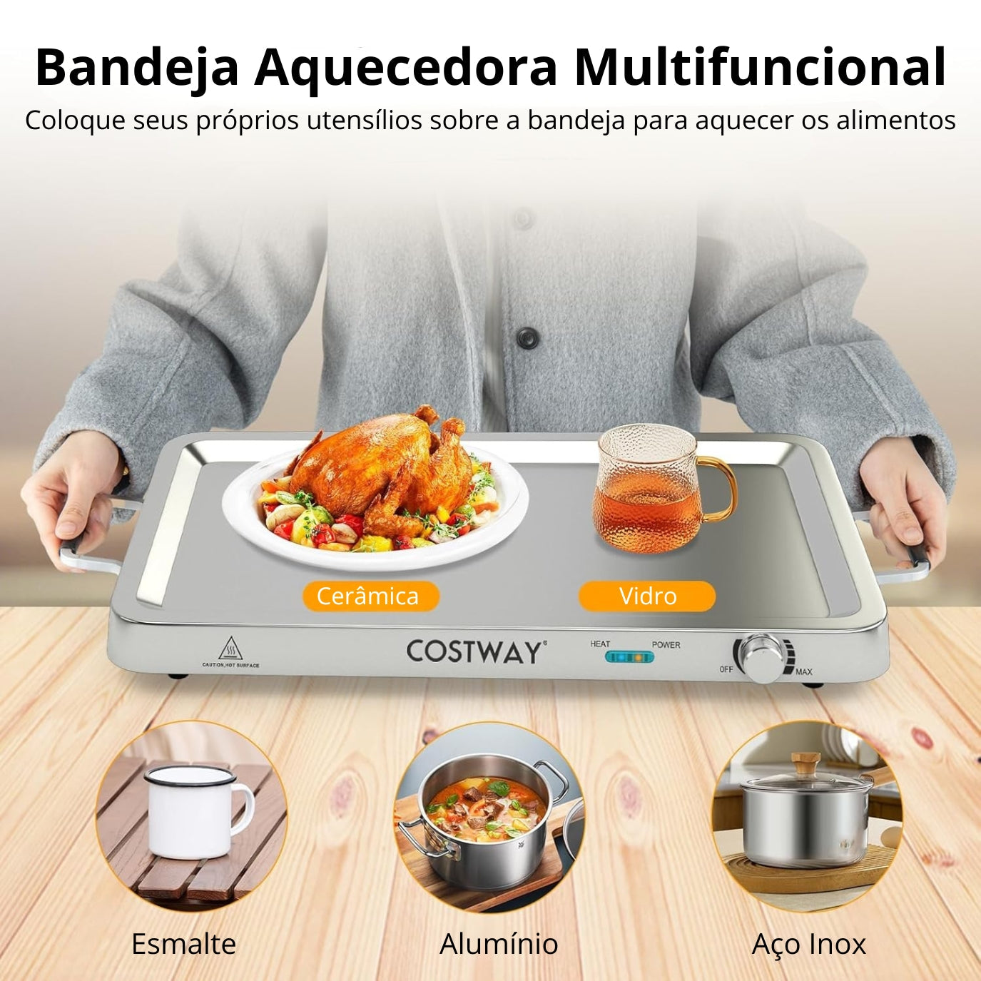 Costway® - Rechaud Elétrico Inox 3 em 1 com Tampa de Vidro
