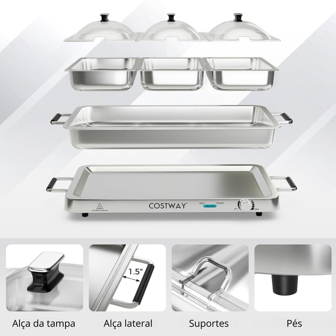 Costway® - Rechaud Elétrico Inox 3 em 1 com Tampa de Vidro