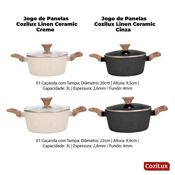 Jogo de Panelas Linen Ceramic - Revestimento Cerâmico Antiaderente 8 Peças