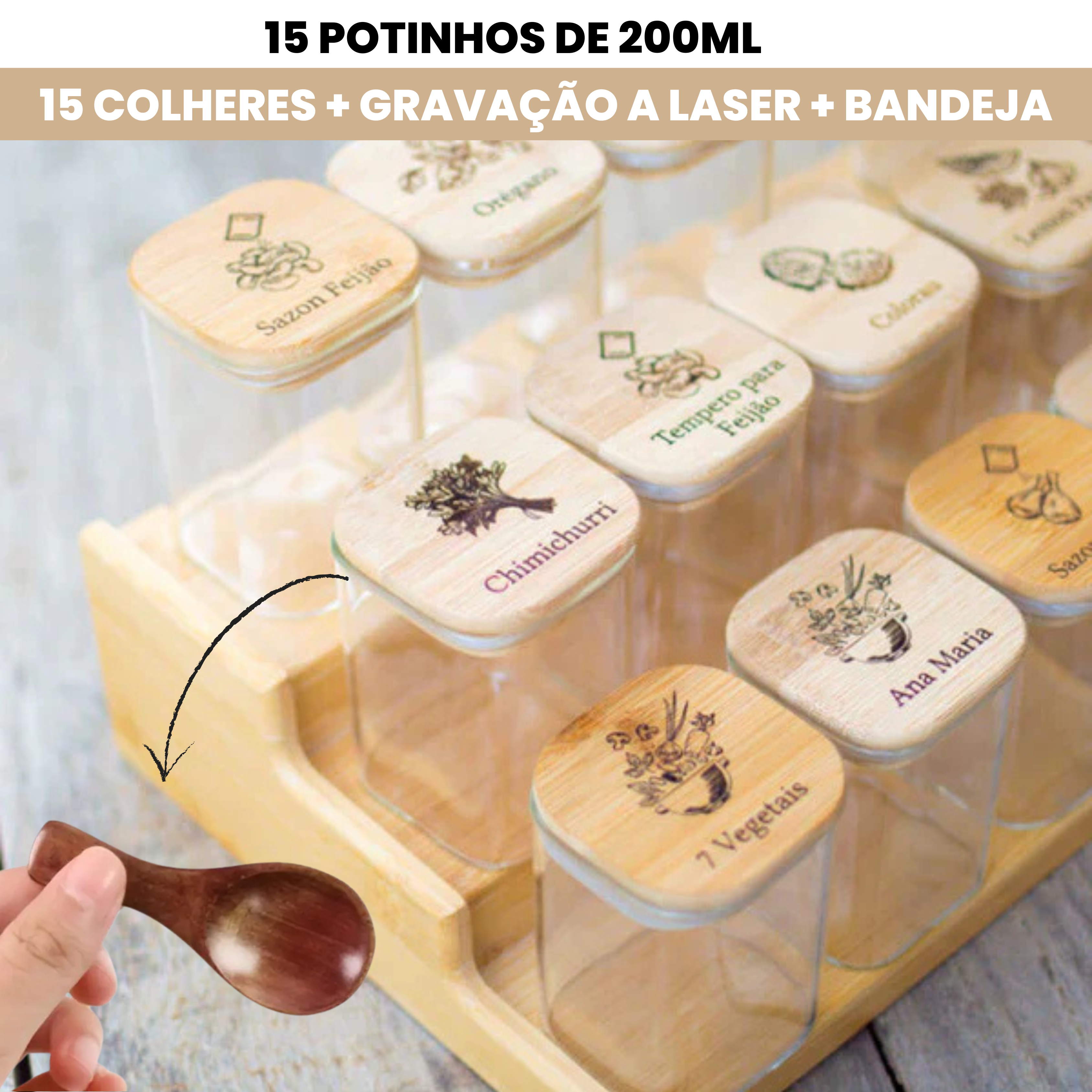 Kit 15 Potes Organiza Gourmet™ + Gravação a Laser (PERSONALIZADA) + Bandeja | Só até 23:59!