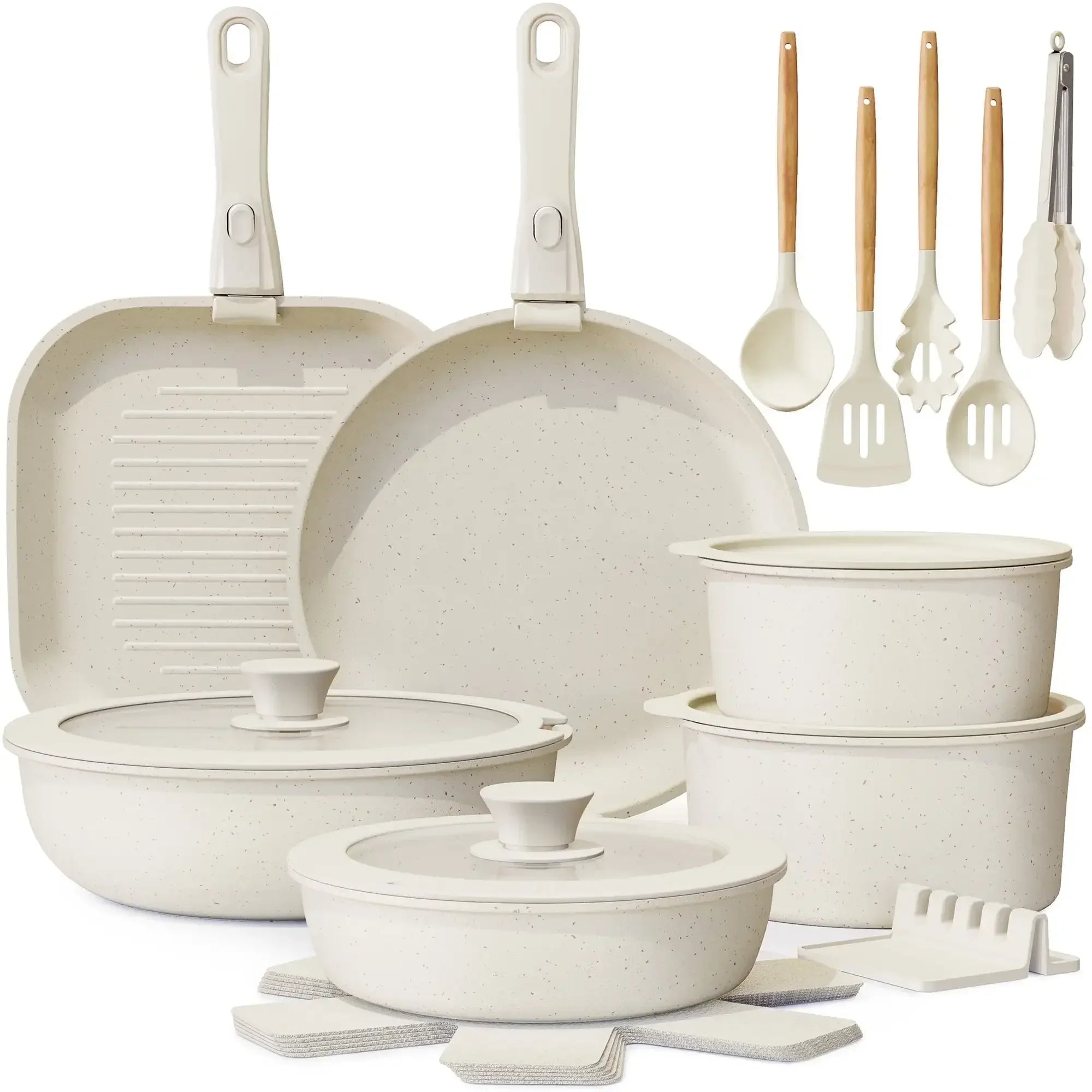 22 Piece Ceramic Pots and Pans Set Non Stick, Cookware Set with Detachable Handles, Oven Safe, Induction Ready
