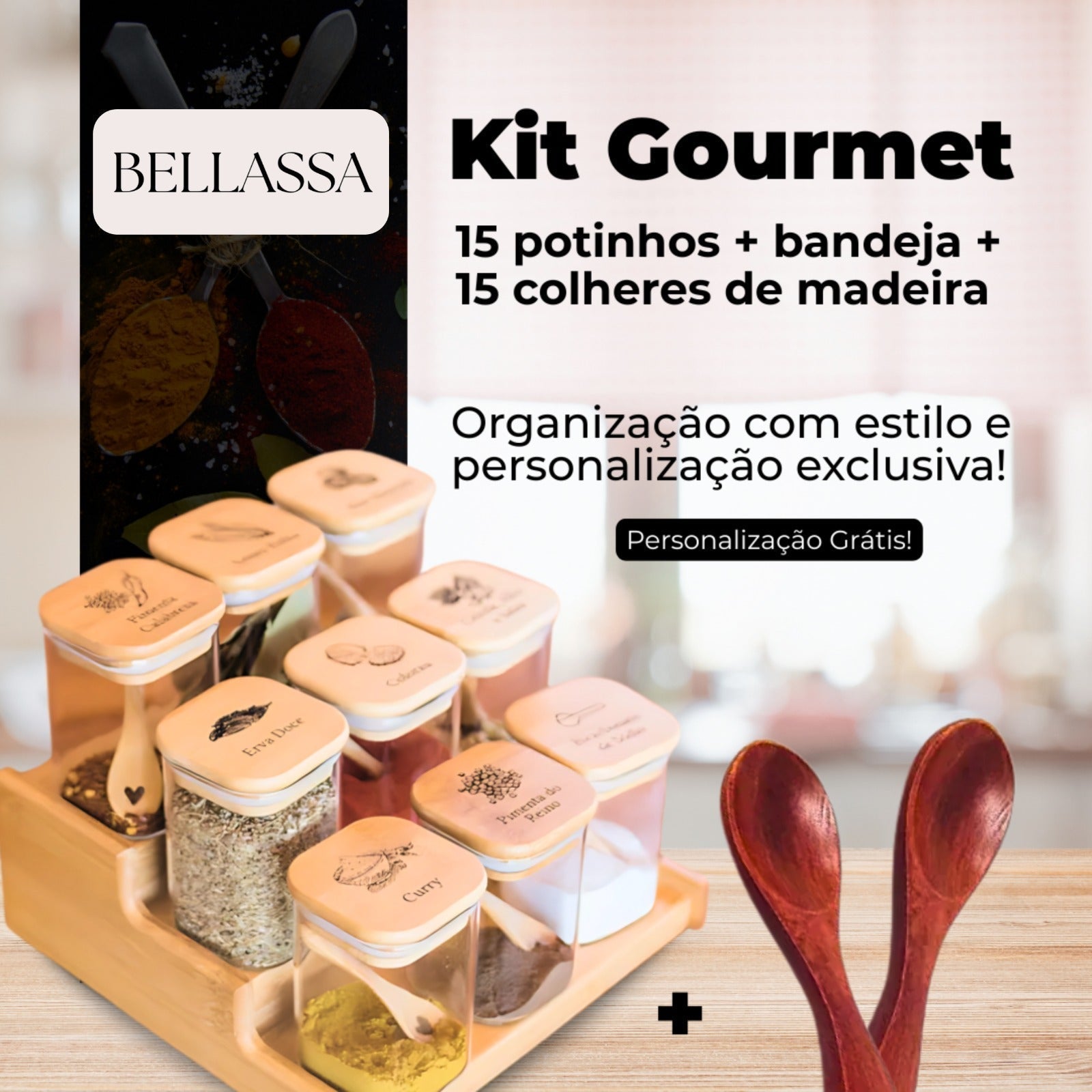 Kit 15 Potes Organiza Gourmet™ + Gravação a Laser (PERSONALIZADA) + Bandeja | Só até 23:59!