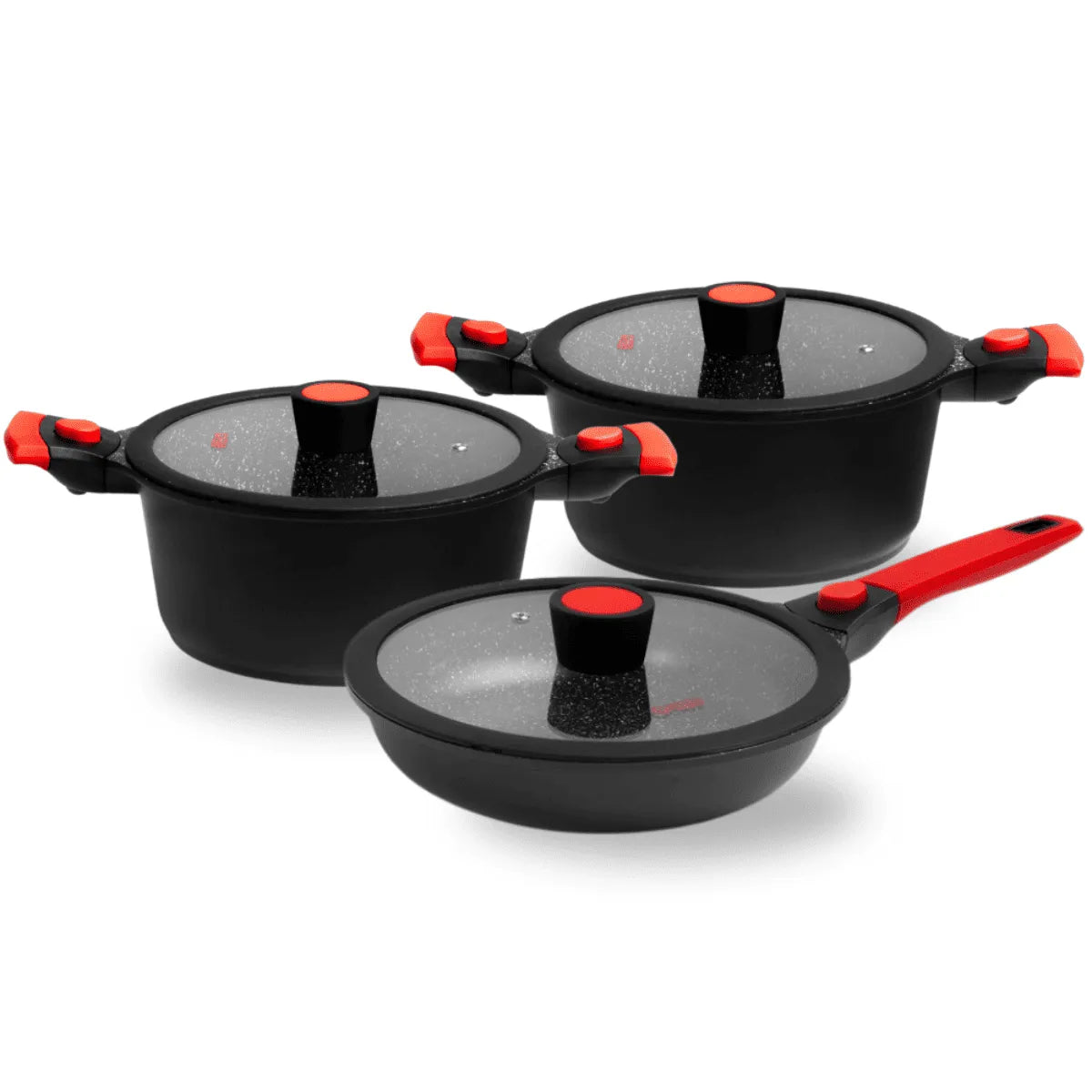 Kit 2 Panelas e 1 Frigideira Antiaderentes Em Mármore c/ Tampa e Cabos Removíveis (Indução, Gás e Fogo)