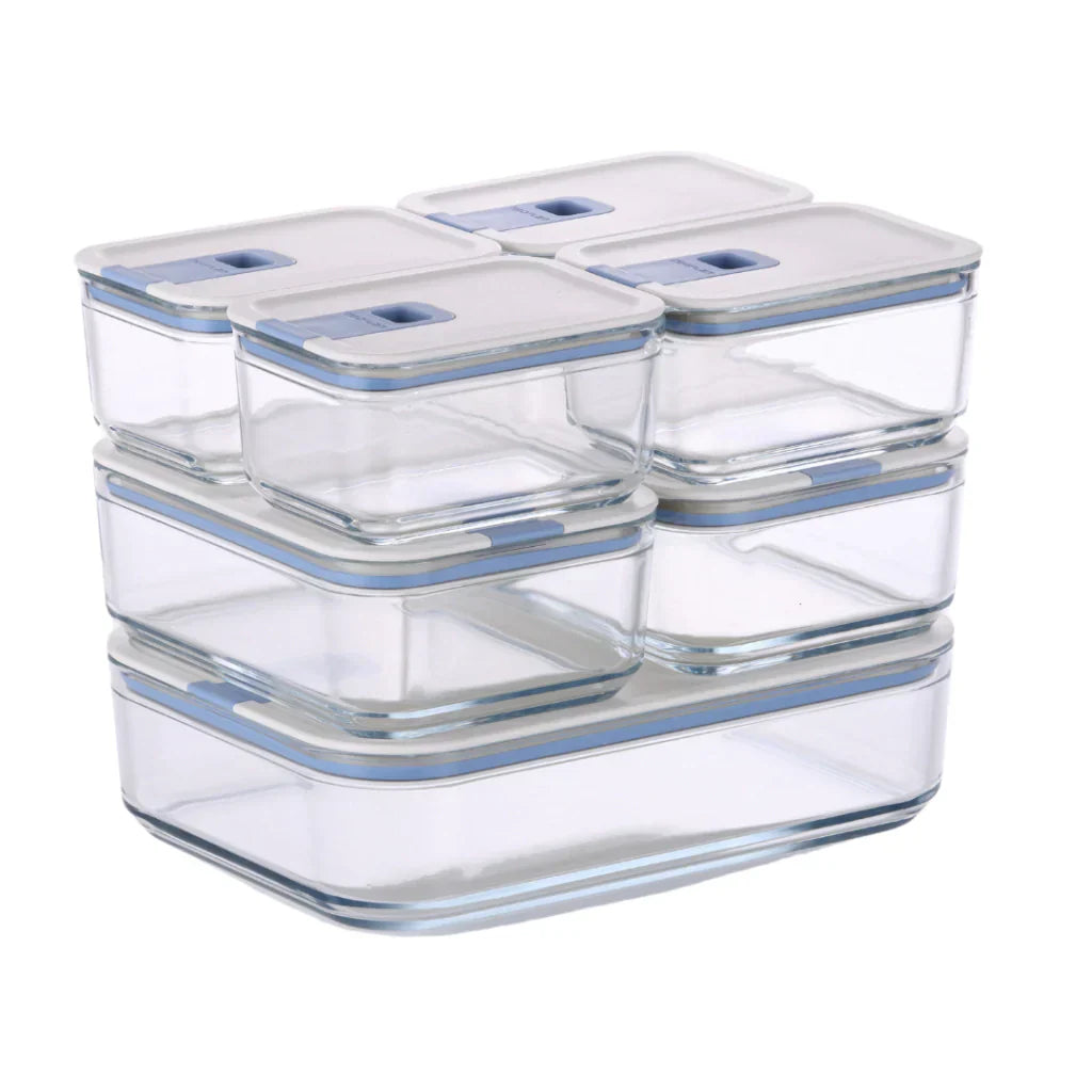 Conjunto de Potes de Vidro Herméticos Retangulares - 7 Unidades - Tampa com Alavanca - Perfect Seal - kindersbr