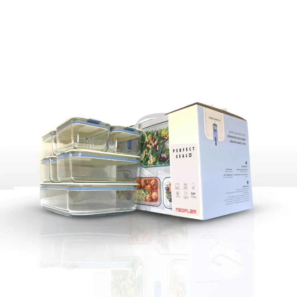 Conjunto de Potes de Vidro Herméticos Retangulares - 7 Unidades - Tampa com Alavanca - Perfect Seal - kindersbr