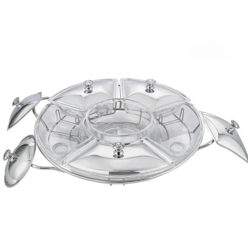 Rechaud Giratório Com 6 Compartimentos Aço Inox e Vidro 52cm