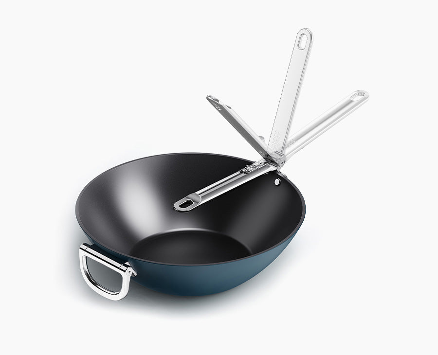 Space Folding Handle Ceramic Non-stick 32cm Blue Wok - kindersbr