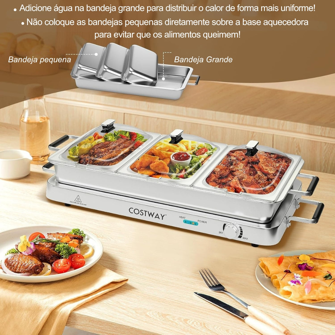 Costway® - Rechaud Elétrico Inox 3 em 1 com Tampa de Vidro