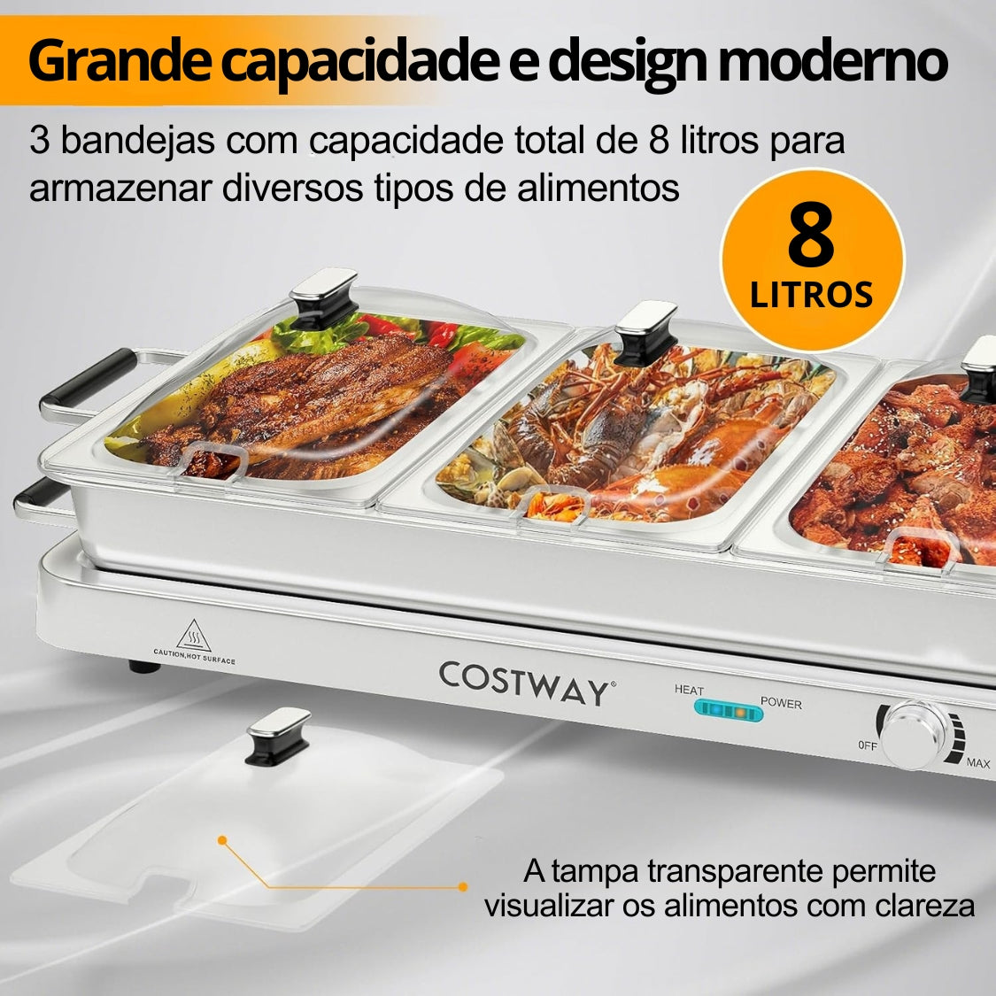 Costway® - Rechaud Elétrico Inox 3 em 1 com Tampa de Vidro