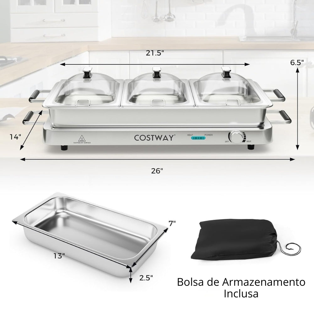 Costway® - Rechaud Elétrico Inox 3 em 1 com Tampa de Vidro
