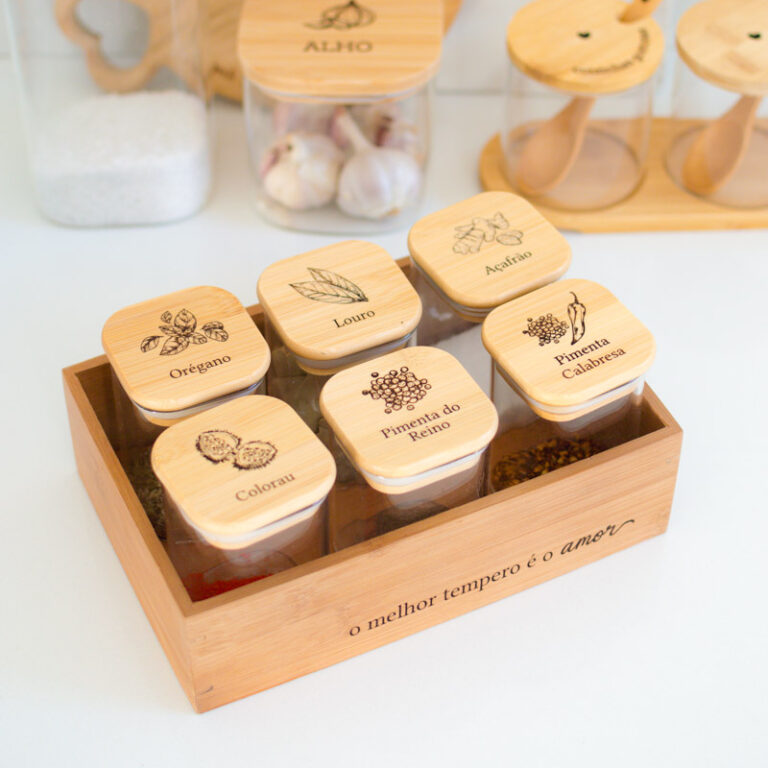 kit Organizador de Temperos com 6 Potes Herméticos Quadrados 200ml
