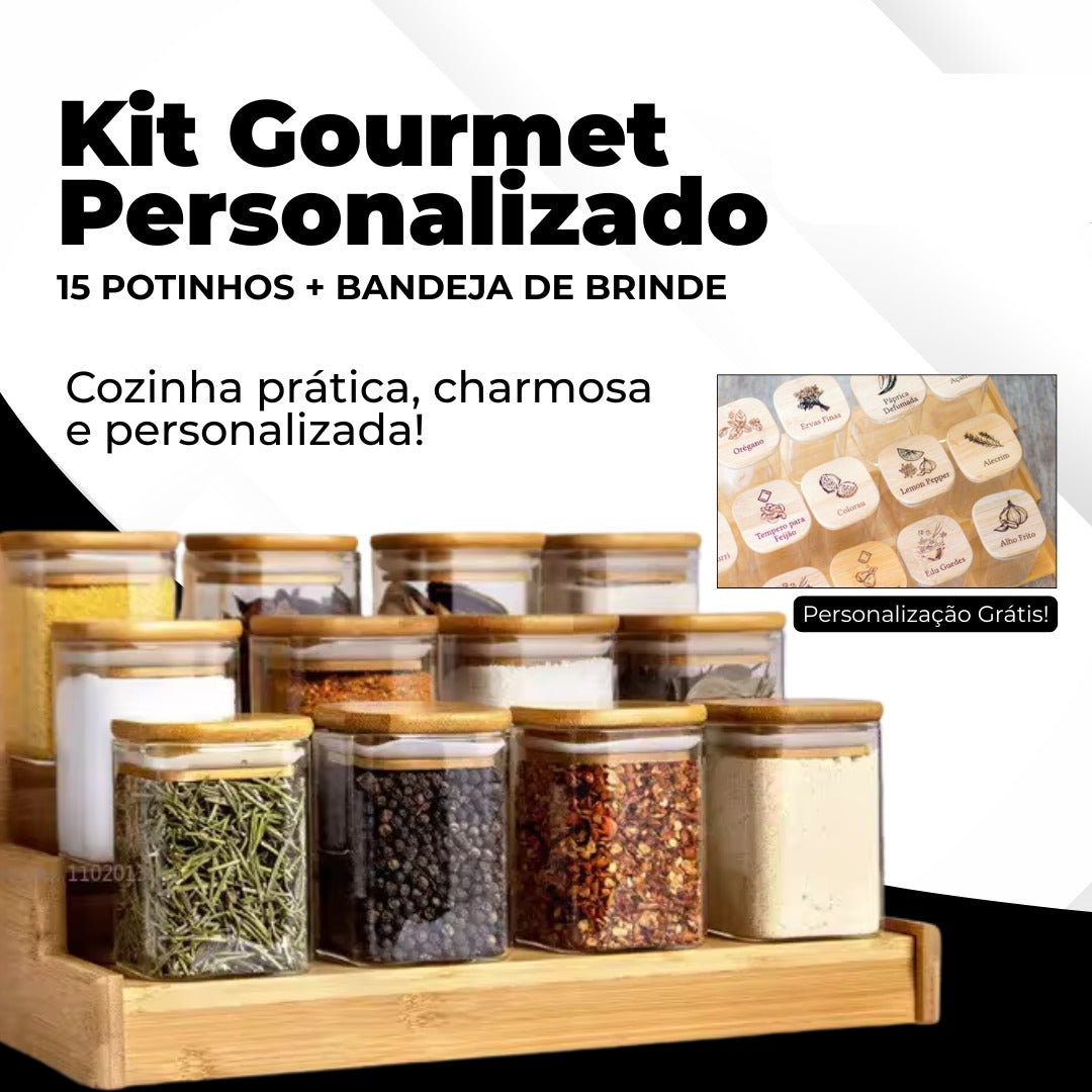 Kit 15 Potes Organiza Gourmet™ + Gravação a Laser (PERSONALIZADA) + Bandeja | Só até 23:59!