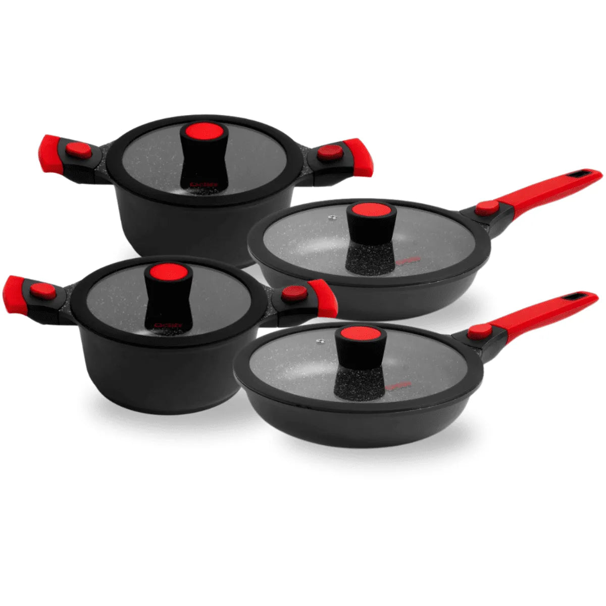 Kit 2 Caçarolas e 2 Frigideiras Antiaderentes Mármore e Base Titânio c/ Tampa e Cabos Removíveis (indução, Gás e Fogo)