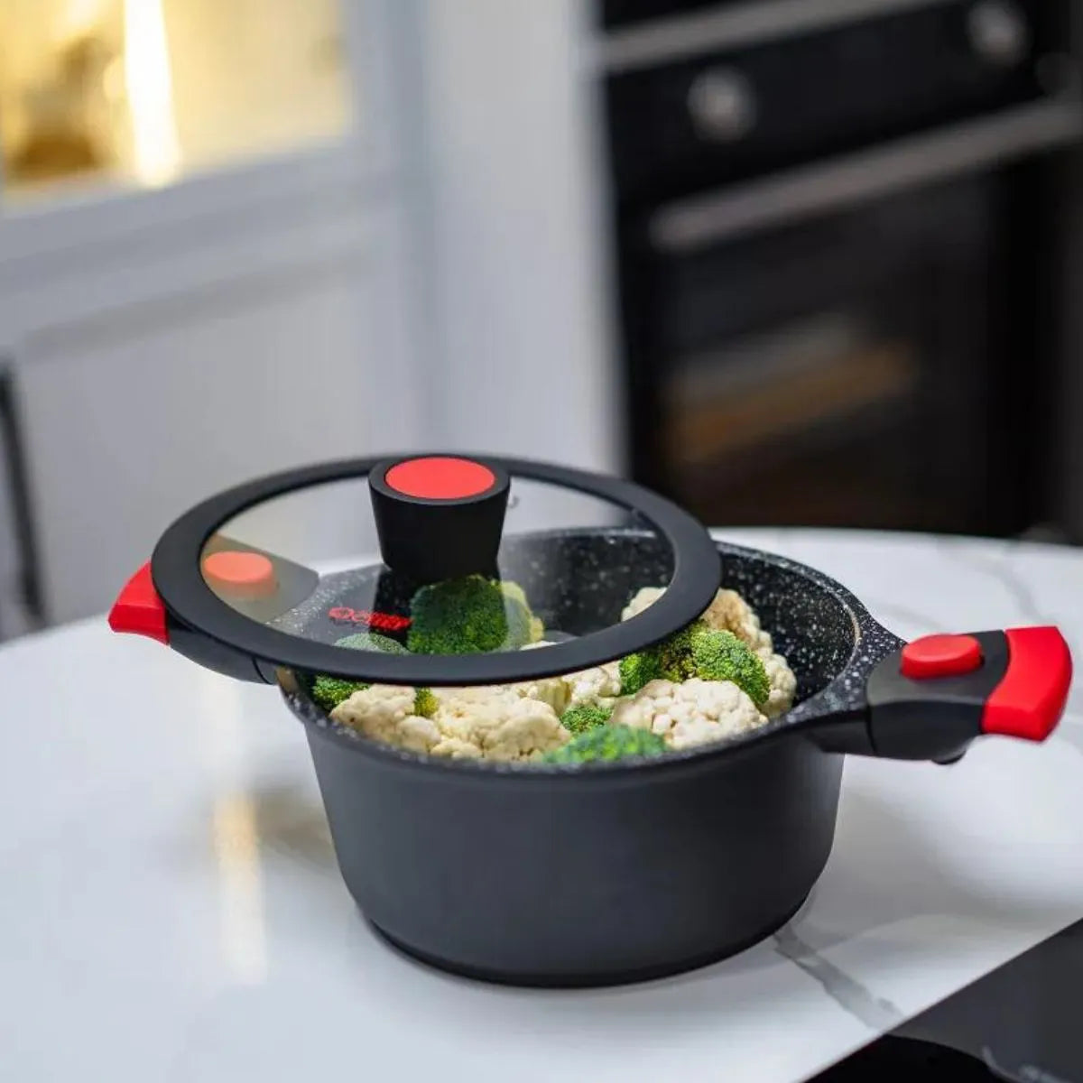 Kit 3 Panelas Antiaderente Mármore c/ Tampa e Cabos Removíveis (indução, Gás e Fogo)